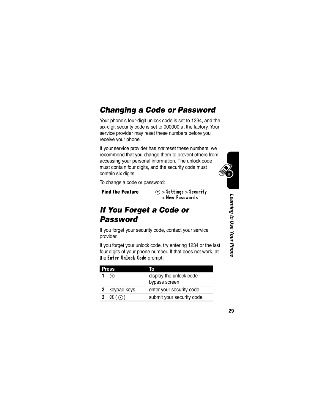 Motorola C341a, CDMA Changing a Code or Password, If You Forget a Code or Password, Display the unlock code, Bypass screen 