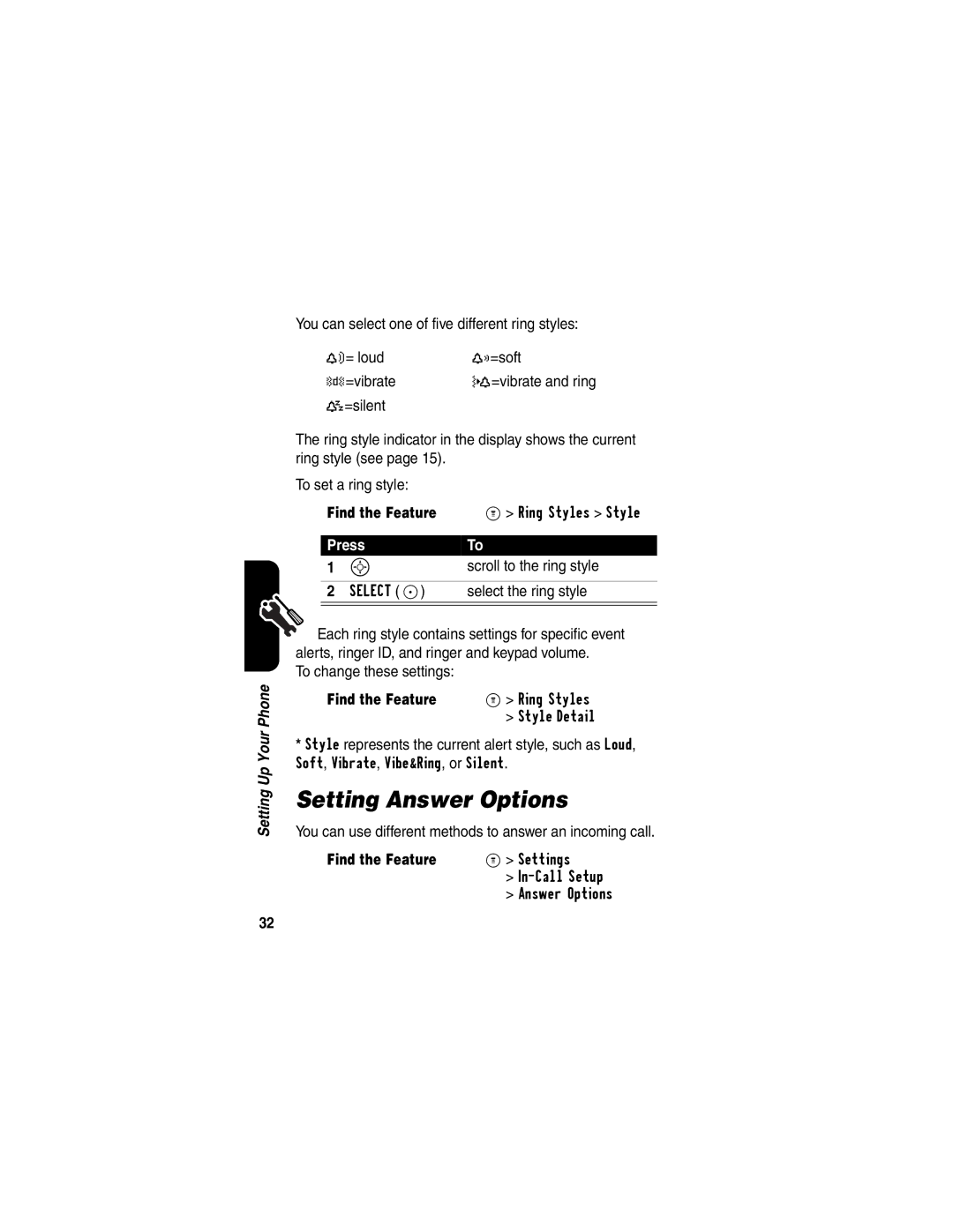 Motorola CDMA, C341a manual Setting Answer Options, Scroll to the ring style, To change these settings 