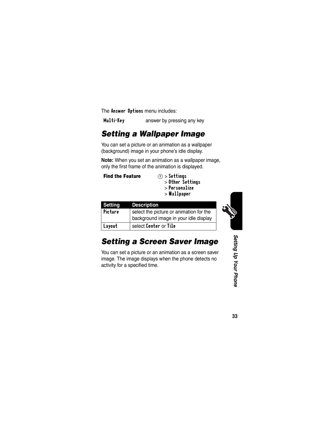 Motorola C341a, CDMA manual Setting a Wallpaper Image, Setting a Screen Saver Image, Answer Options menu includes Multi-Key 