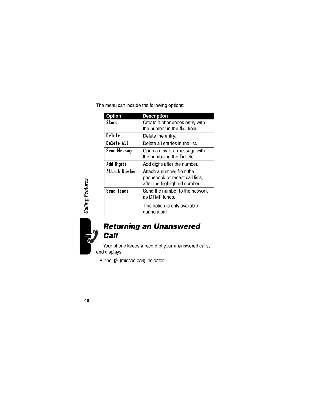 Motorola CDMA, C341a manual Returning an Unanswered Call 