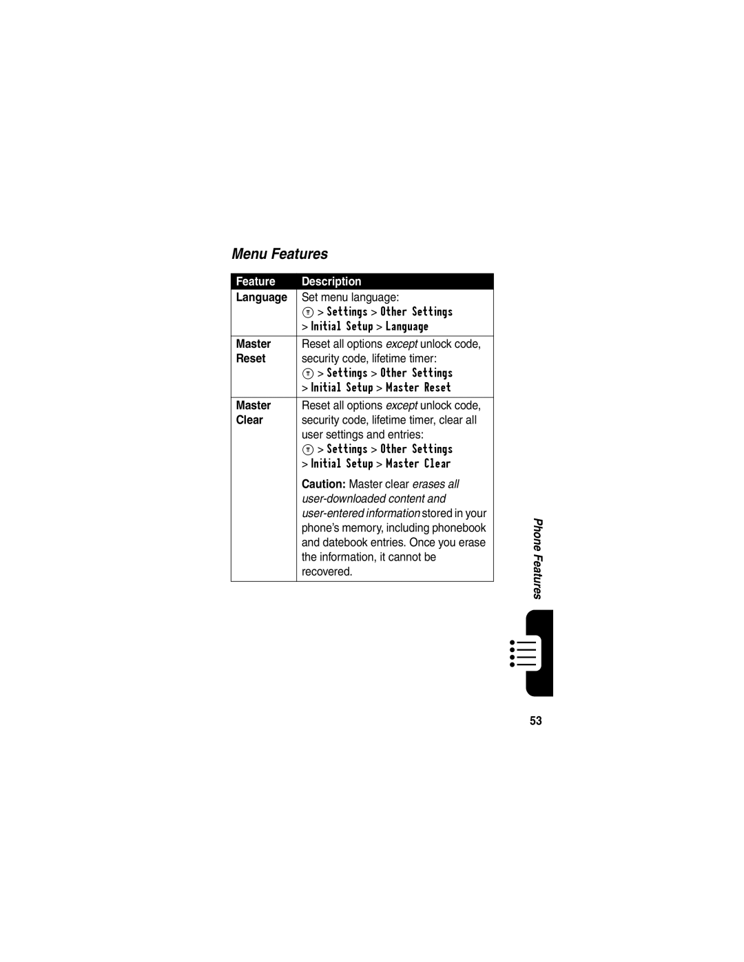 Motorola C341a, CDMA manual Menu Features, Language, Master, Reset, Clear 