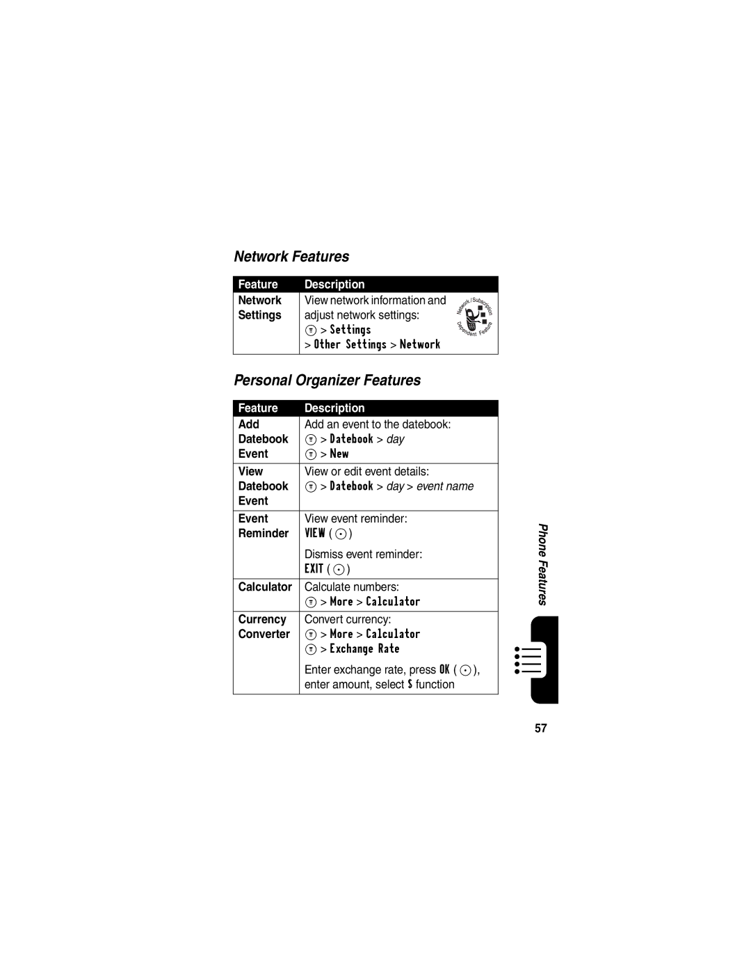 Motorola C341a, CDMA manual Network Features, Personal Organizer Features 