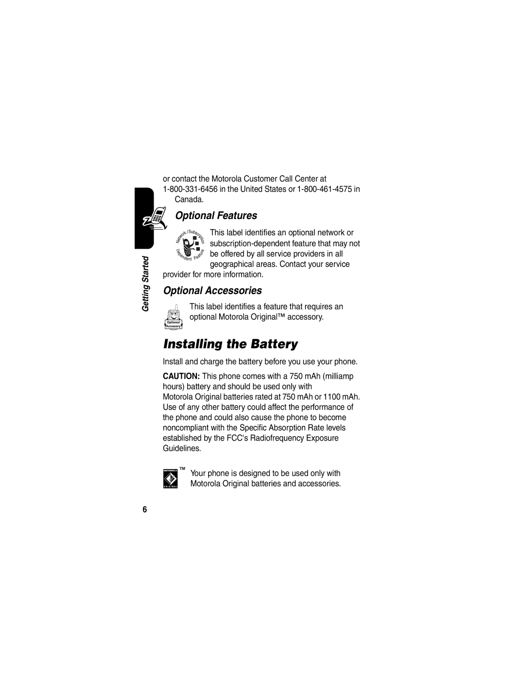 Motorola CDMA, C341a manual Installing the Battery, Optional Features, Optional Accessories, Provider for more information 