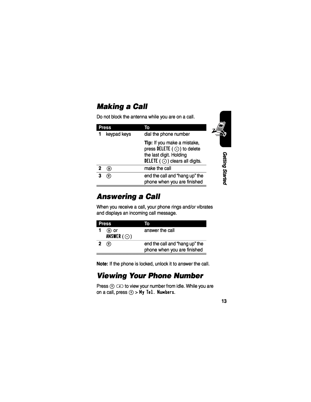Motorola C341a, CDMA manual Making a Call, Answering a Call, Viewing Your Phone Number, Press 