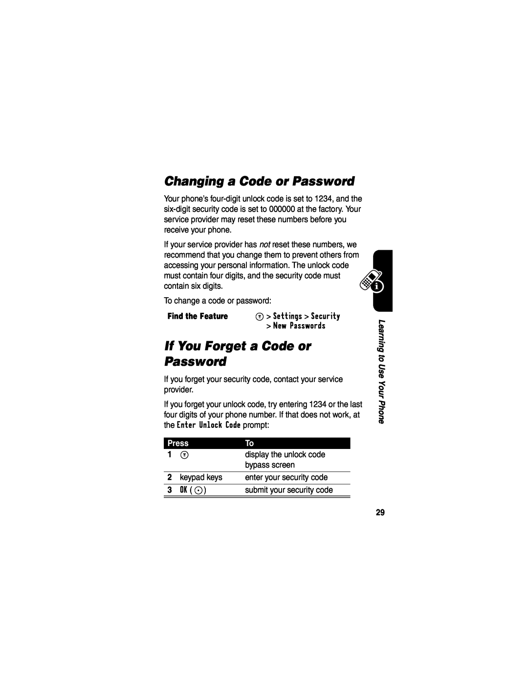 Motorola C341a, CDMA manual Changing a Code or Password, If You Forget a Code or Password, Press, M Settings Security 