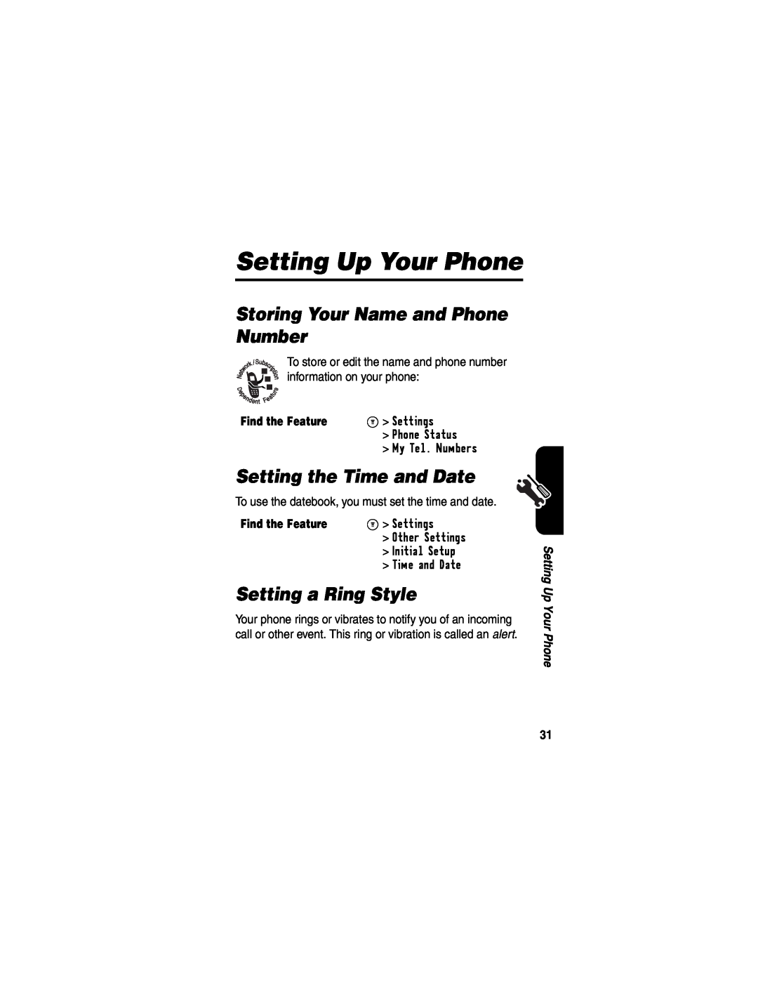 Motorola C341a Setting Up Your Phone, Storing Your Name and Phone Number, Setting the Time and Date, Setting a Ring Style 