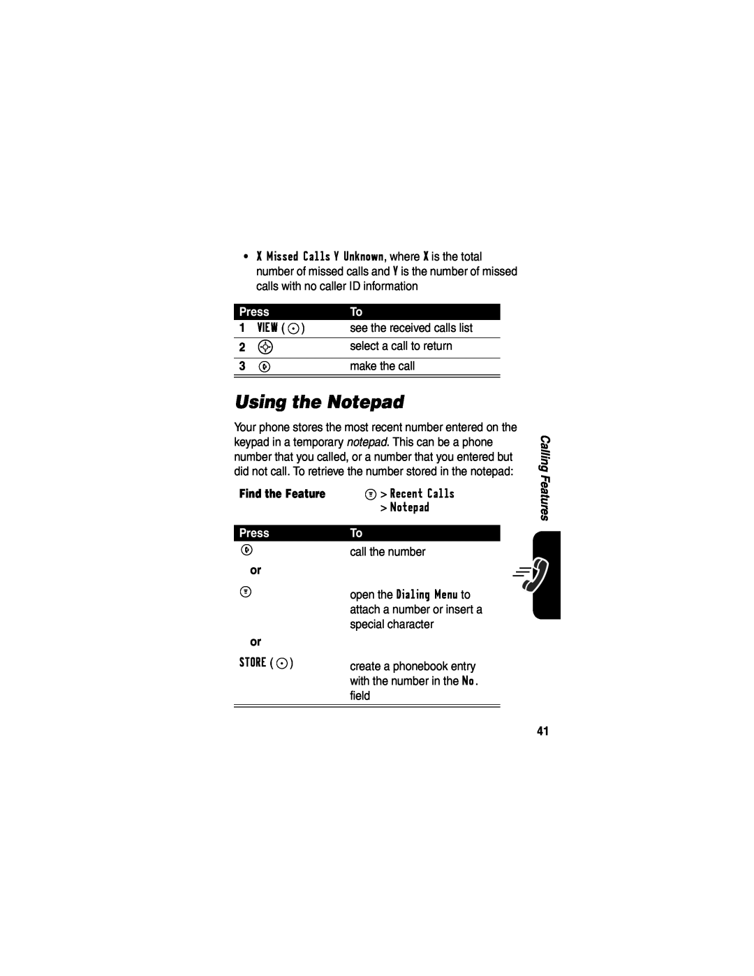 Motorola C341a, CDMA manual Using the Notepad, Press 