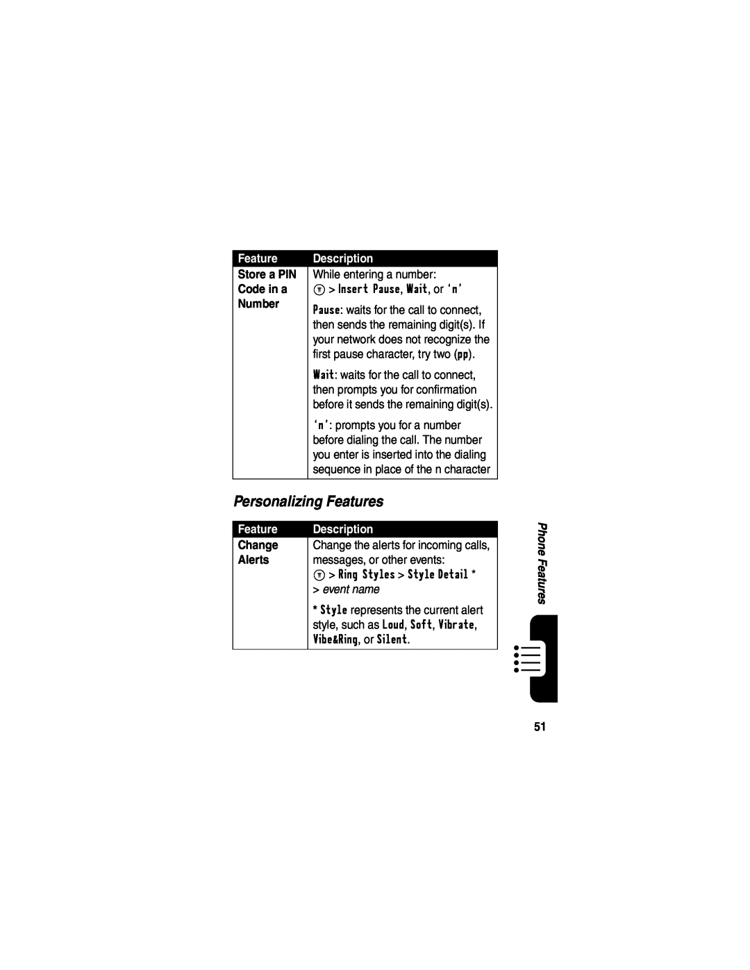 Motorola C341a, CDMA manual Personalizing Features, Description 