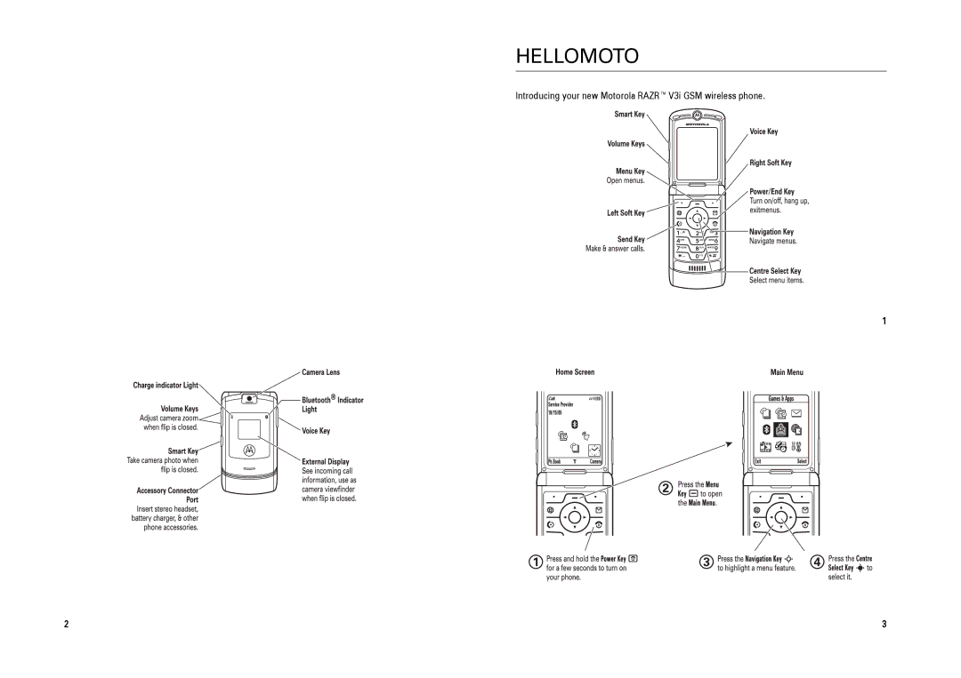 Motorola Cell Phone manual Hellomoto, Introducing your new Motorola Razr V3i GSM wireless phone 