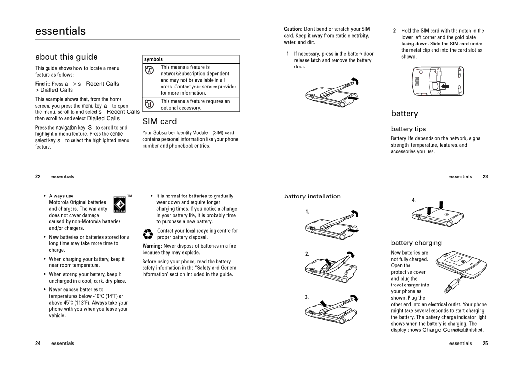 Motorola Cell Phone manual Essentials, About this guide, SIM card, Battery 