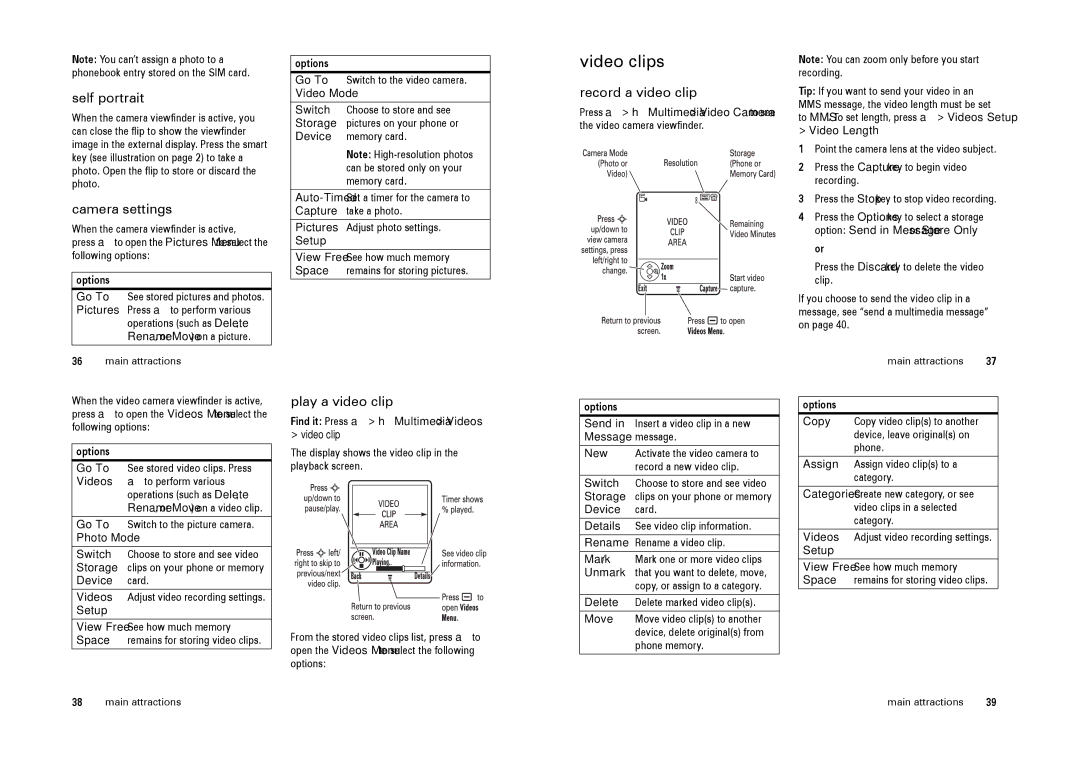 Motorola Cell Phone manual Video clips, Self portrait, Camera settings, Record a video clip, Play a video clip 