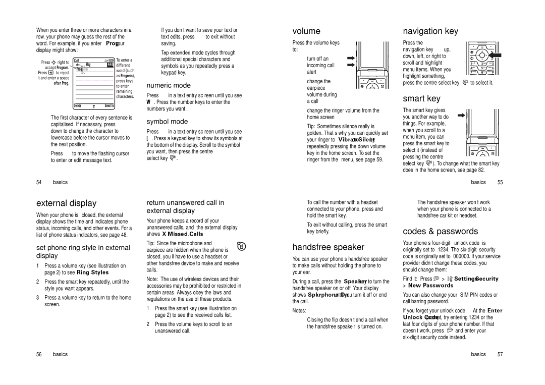 Motorola Cell Phone manual Volume, Navigation key, Smart key, External display, Handsfree speaker, Codes & passwords 