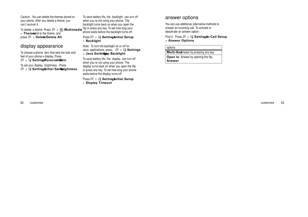 Motorola Cell Phone manual Display appearance, Settings Personalise Skin, Press a w Settings Initial Setup Display Timeout 