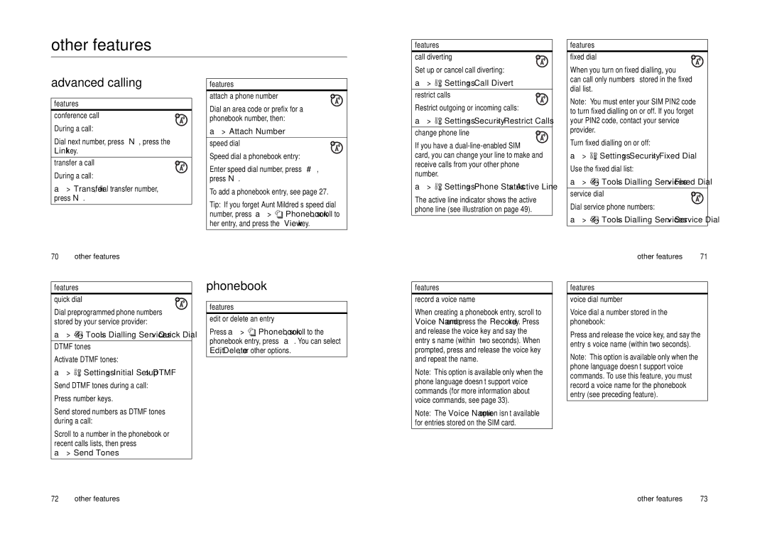 Motorola Cell Phone manual Other features, Advanced calling, Phonebook 