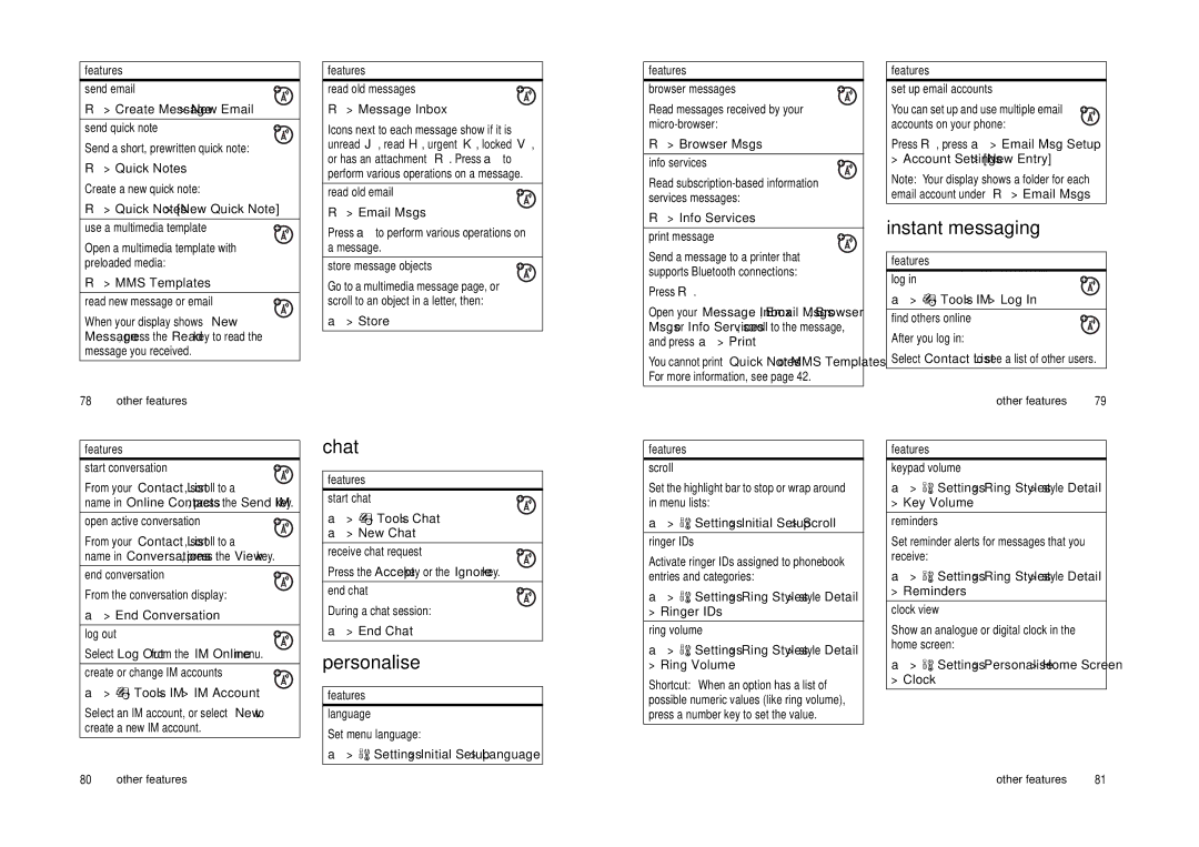 Motorola Cell Phone manual Chat, Personalise, Instant messaging 