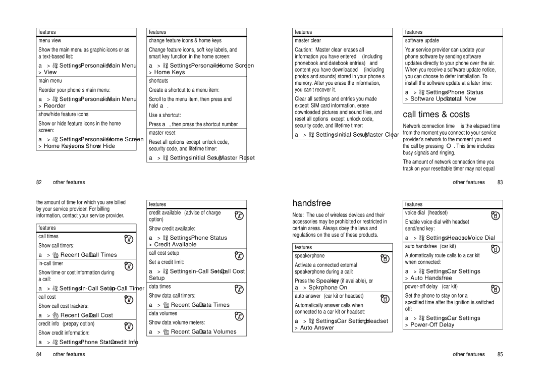 Motorola Cell Phone manual Handsfree, Call times & costs 