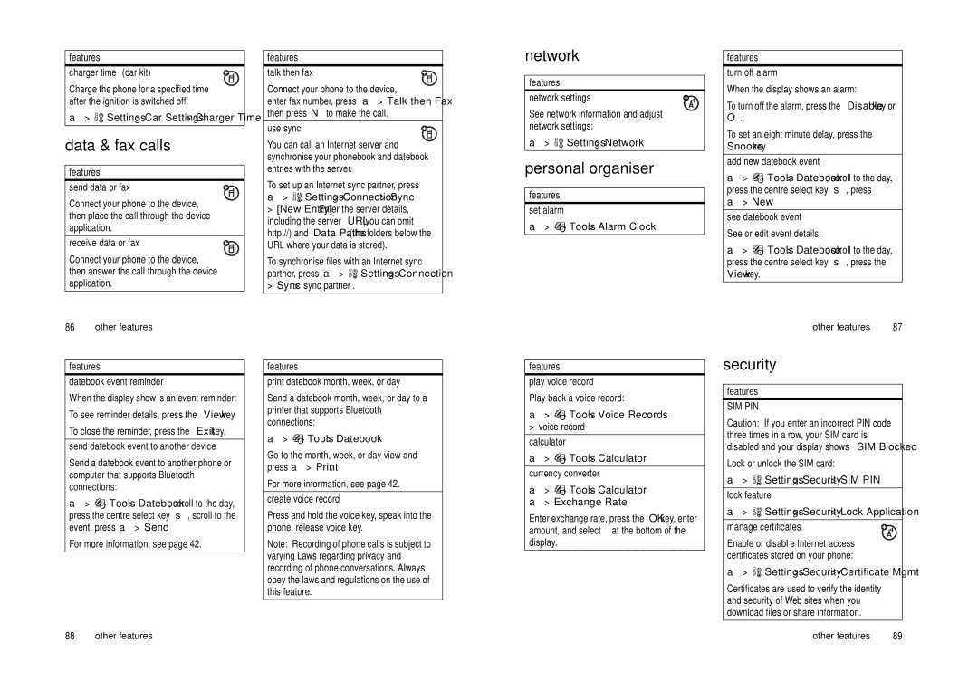 Motorola Cell Phone manual Data & fax calls, Network, Personal organiser, Security 