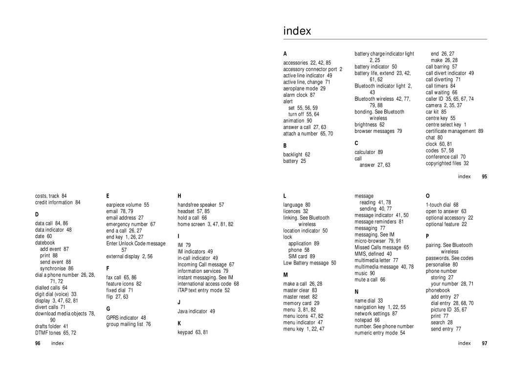 Motorola Cell Phone manual Index, Bluetooth indicator light 2 Bluetooth wireless 42, 77, 79 