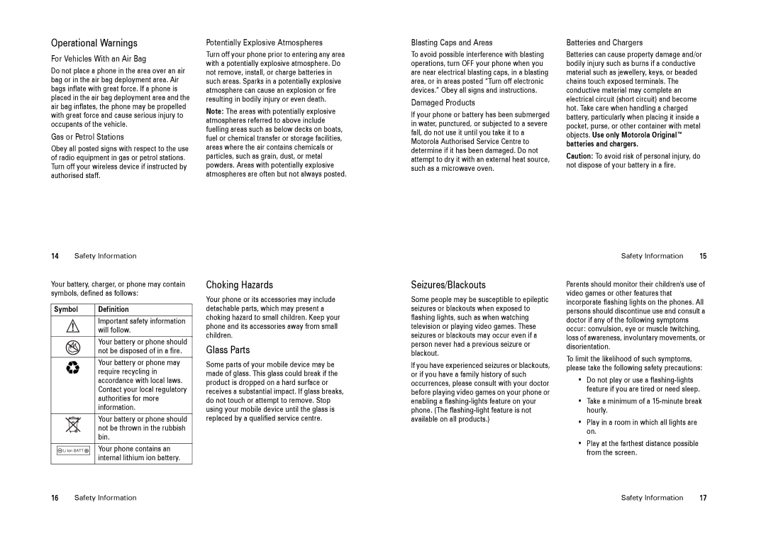 Motorola Cell Phone manual Operational Warnings, Choking Hazards, Glass Parts, Seizures/Blackouts 