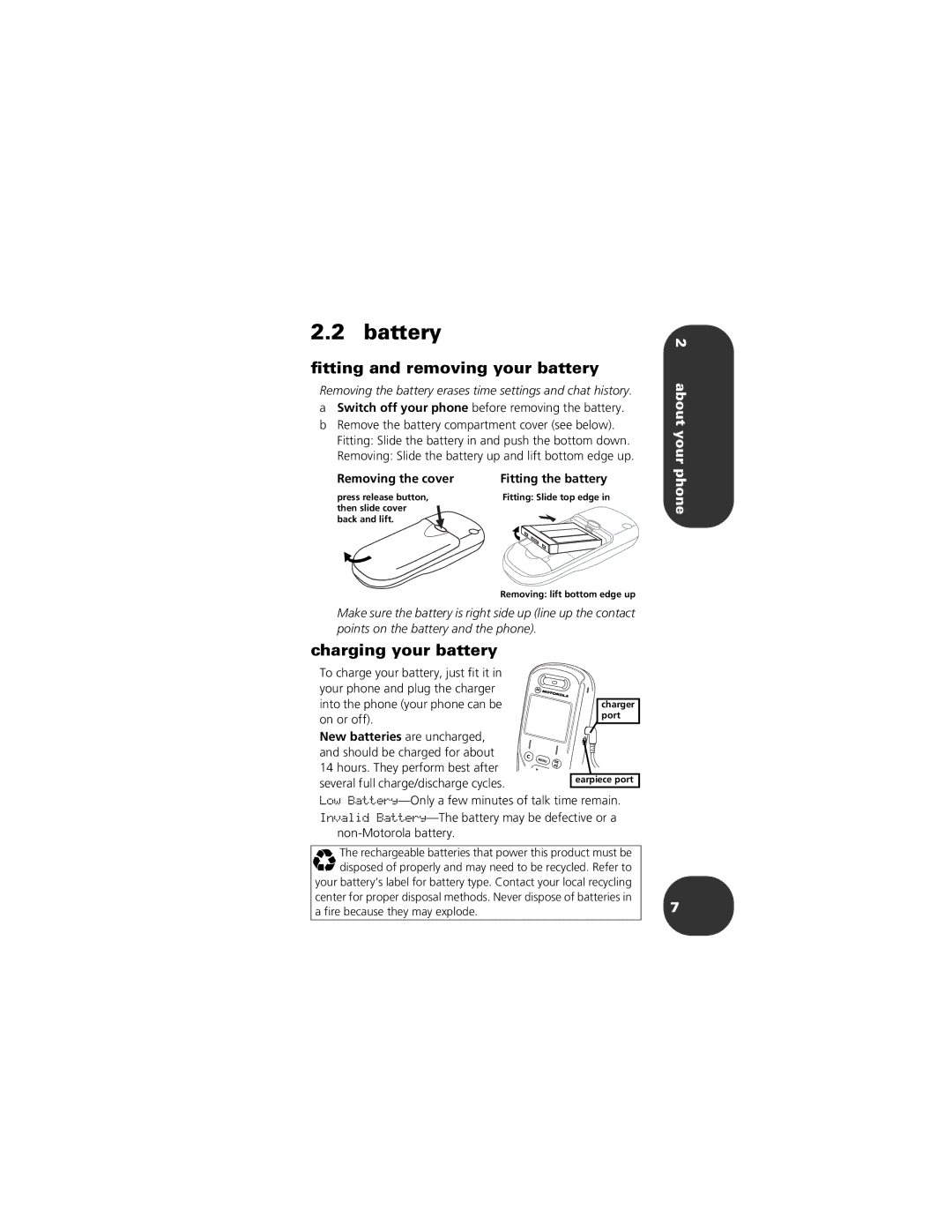 Motorola CELLPHONE Battery, ﬁtting and removing your battery, Charging your battery, About your phone, Removing the cover 