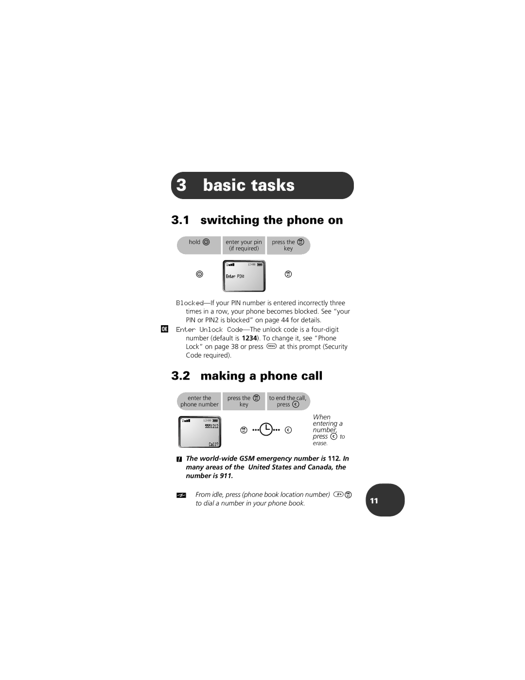 Motorola CELLPHONE manual Basic tasks, Switching the phone on, Making a phone call 