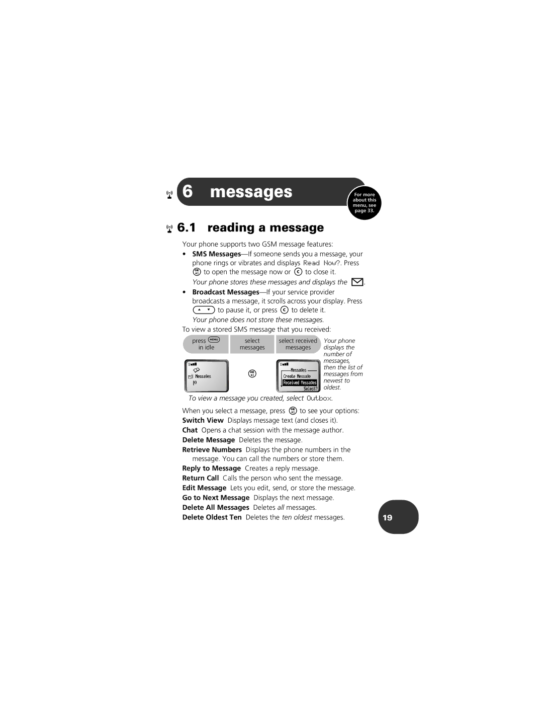 Motorola CELLPHONE manual Messages, Reading a message, Your phone supports two GSM message features 