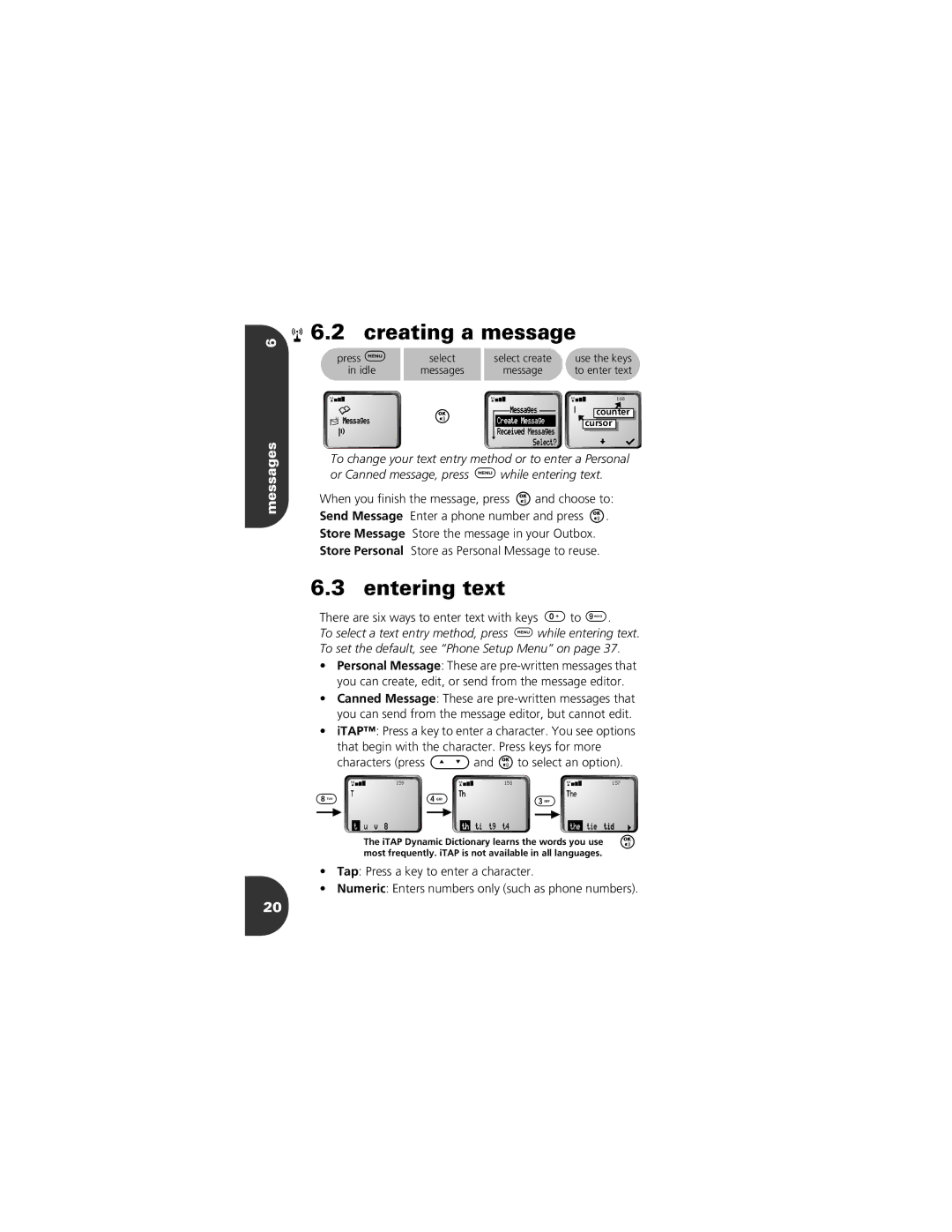 Motorola CELLPHONE manual Creating a message, Entering text, Messages, Store Personal Store as Personal Message to reuse 