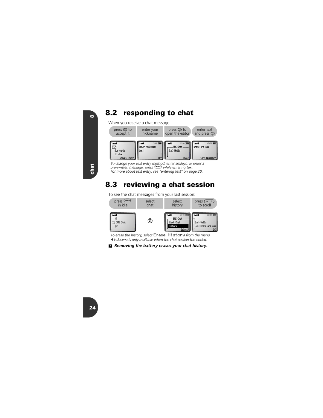 Motorola CELLPHONE manual Responding to chat, Reviewing a chat session, Chat, When you receive a chat message 