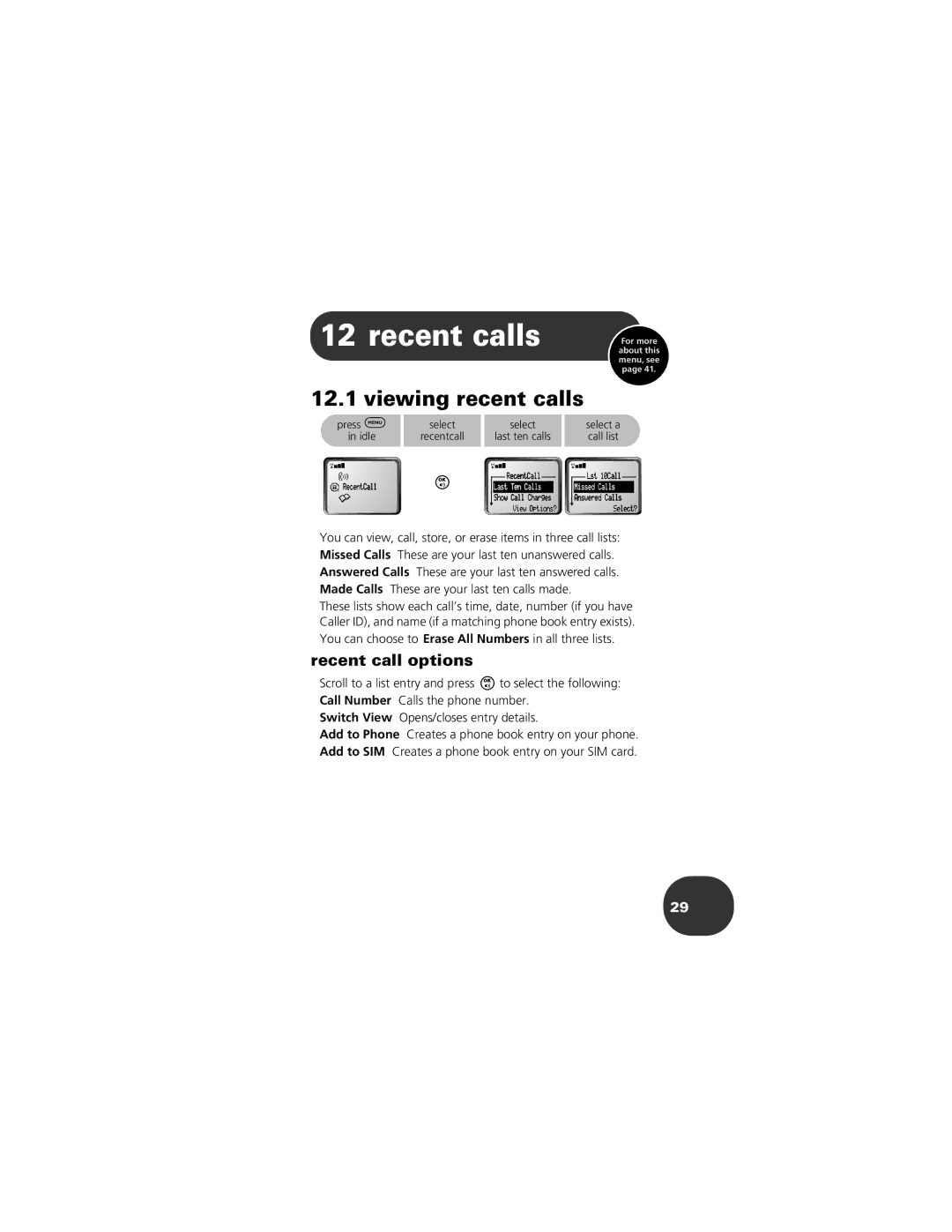 Motorola CELLPHONE manual Recent calls, Viewing recent calls, Recent call options 