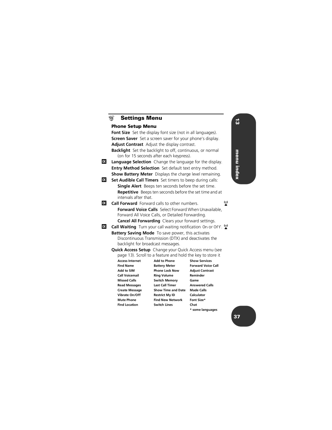 Motorola CELLPHONE manual ¨ Settings Menu, Phone Setup Menu 