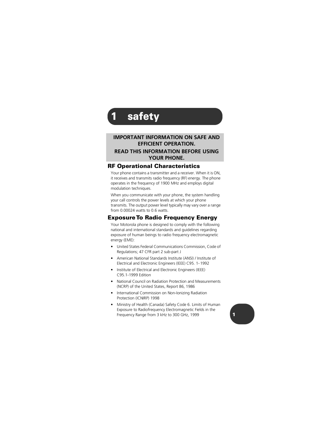 Motorola CELLPHONE manual Safety, RF Operational Characteristics, Exposure To Radio Frequency Energy 