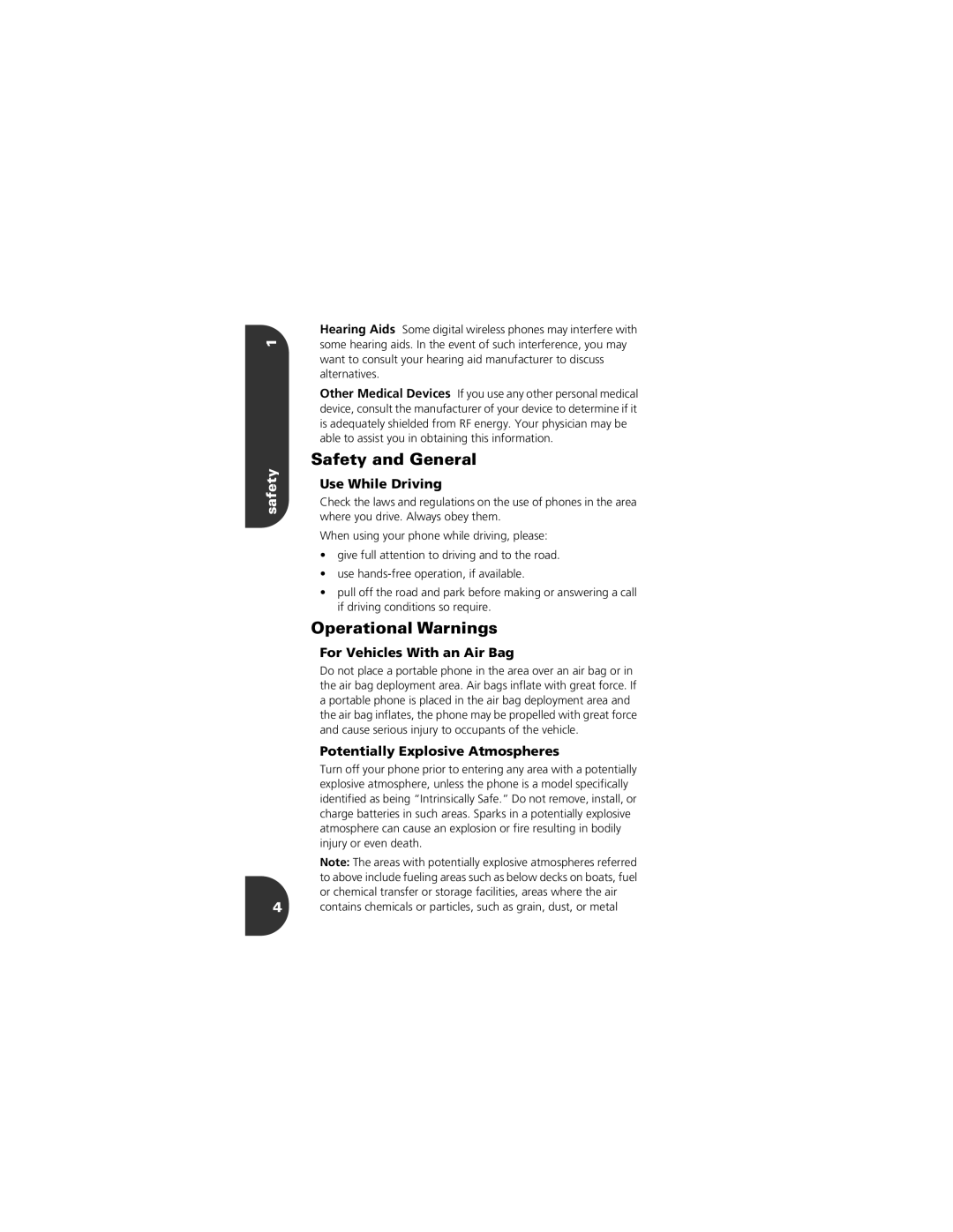 Motorola CELLPHONE manual Safety and General, Operational Warnings, Use While Driving, For Vehicles With an Air Bag 