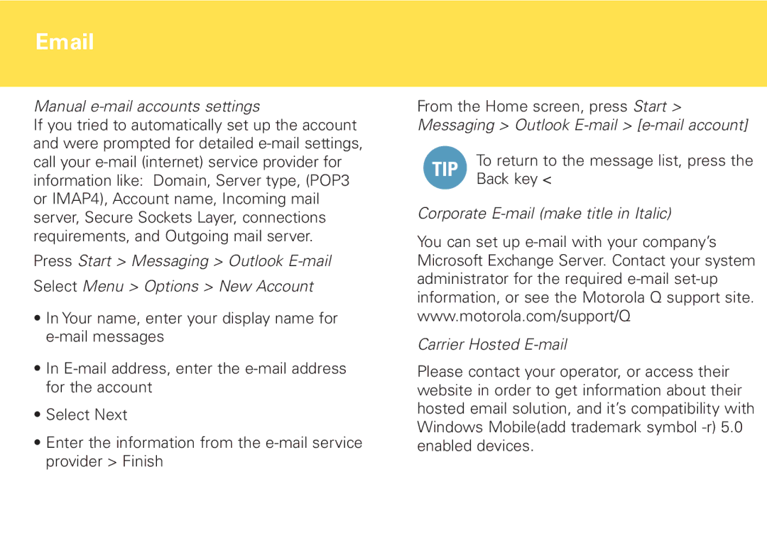 Motorola Cellular Telephone and PDA manual Manual e-mail accounts settings 