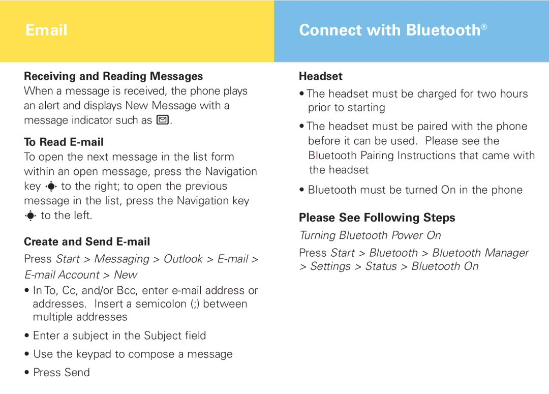 Motorola Cellular Telephone and PDA manual Connect with Bluetooth, Receiving and Reading Messages, To Read E-mail, Headset 