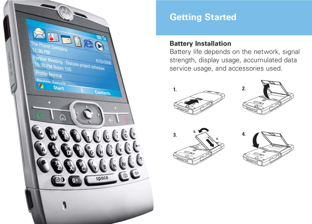 Motorola Cellular Telephone and PDA manual Getting Started, Battery Installation 