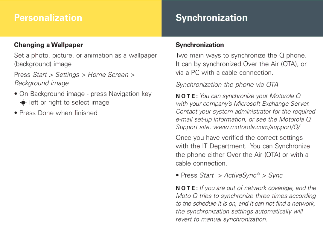 Motorola Cellular Telephone and PDA manual PersonalizationSynchronization, Changing a Wallpaper 