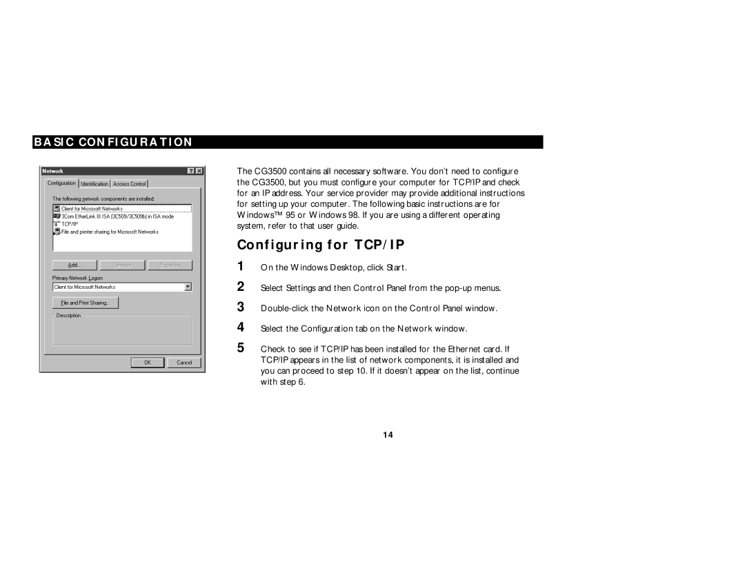 Motorola CG3500 manual Configuring for TCP/IP, Basic Configuration 