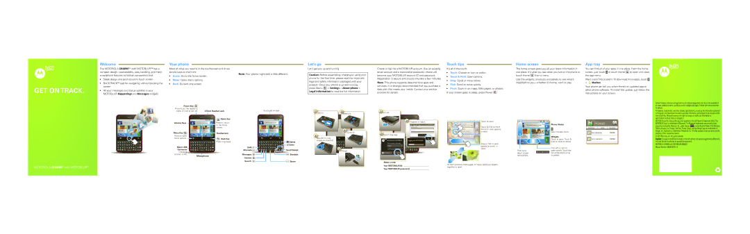 Motorola MB502 GSG, CHARM, 68000202951-A specifications Welcome, Your phone, Let’s go, Touch tips, Home screen, App tray 
