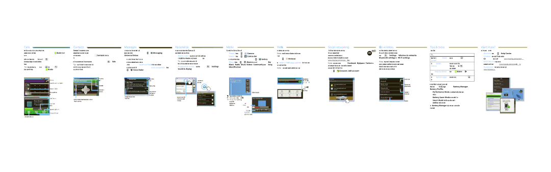 Motorola 68000202951-A Calls, Contacts, Messages, Personalize, Media, Web, Social networking, Go wireless, Tips & tricks 