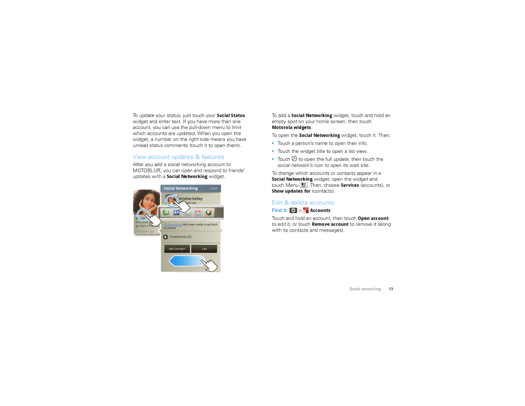Motorola CLIQ 2 manual View account updates & features, Edit & delete accounts, Find it Accounts 