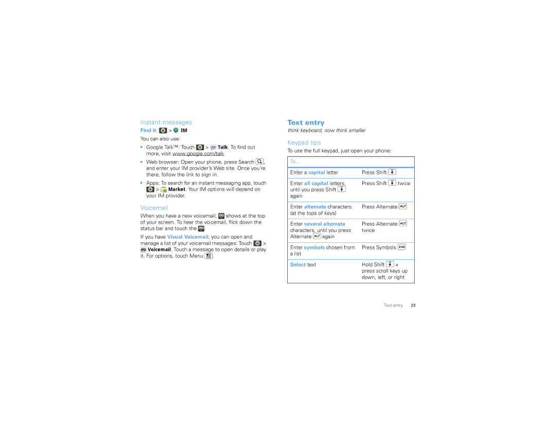 Motorola CLIQ 2 manual Text entry, Instant messages, Voicemail, Keypad tips 