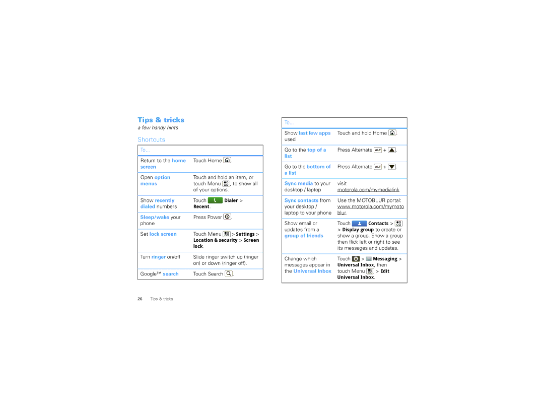 Motorola CLIQ 2 manual Tips & tricks 