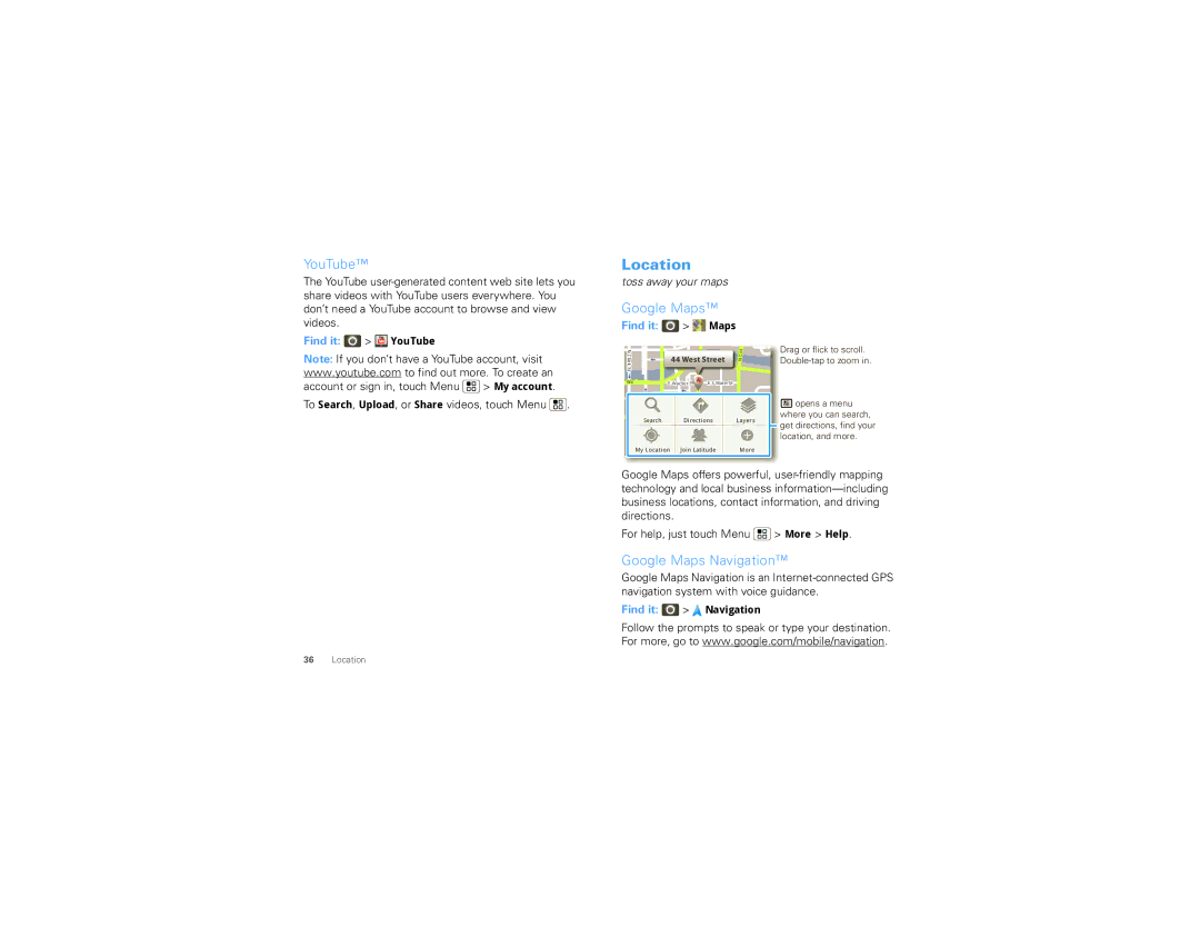 Motorola CLIQ 2 manual Location, YouTube, Google Maps Navigation 