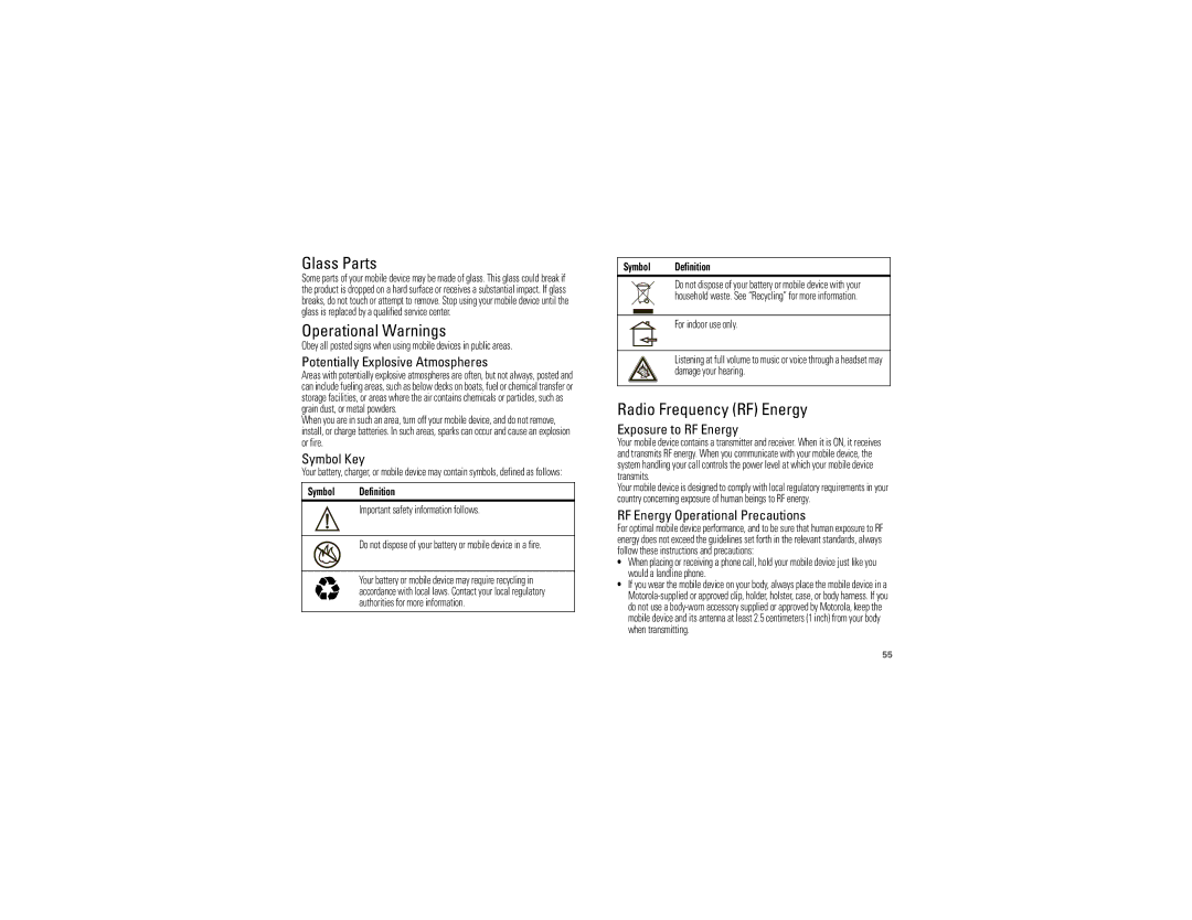 Motorola CLIQ 2 manual Glass Parts, Operational Warnings, Radio Frequency RF Energy 