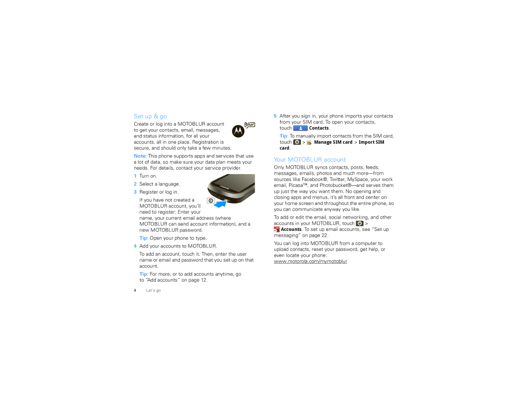 Motorola CLIQ 2 manual Set up & go, Your Motoblur account 