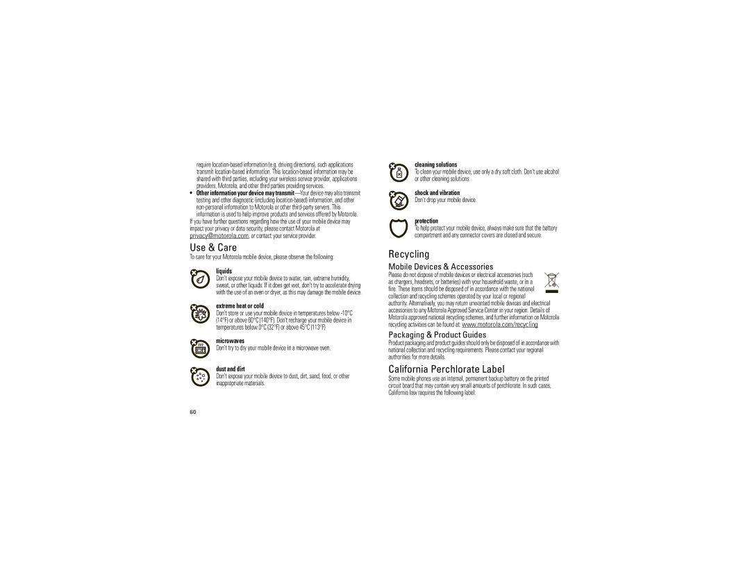 Motorola CLIQ 2 manual Use & Care, Recycling, California Perchlorate Label 