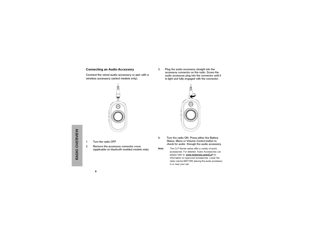 Motorola CLP1040, CLP series, CLP1010 manual Connecting an Audio Accessory 