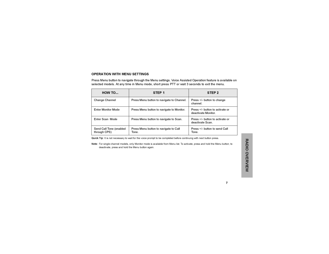 Motorola CLP1040, CLP series, CLP1010 manual Operation with Menu Settings, HOW to Step 