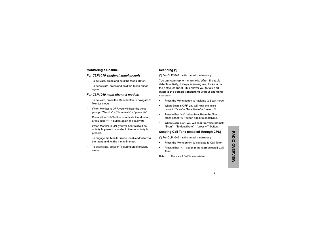 Motorola manual Monitoring a Channel, For CLP1010 single-channel models, For CLP1040 multi-channel models, Scanning 