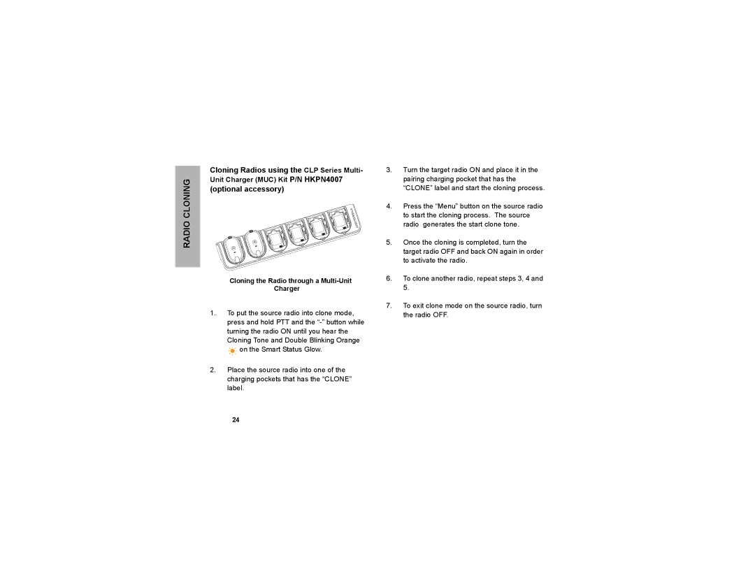 Motorola CLP1010, CLP1040, CLP series manual Cloning the Radio through a Multi-Unit Charger 